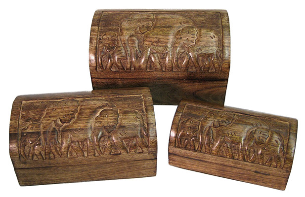 Mango Wood Elephant Large Set Of 3 Domed Boxes